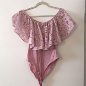 Lace Flounce Trim Bardot Bodysuit